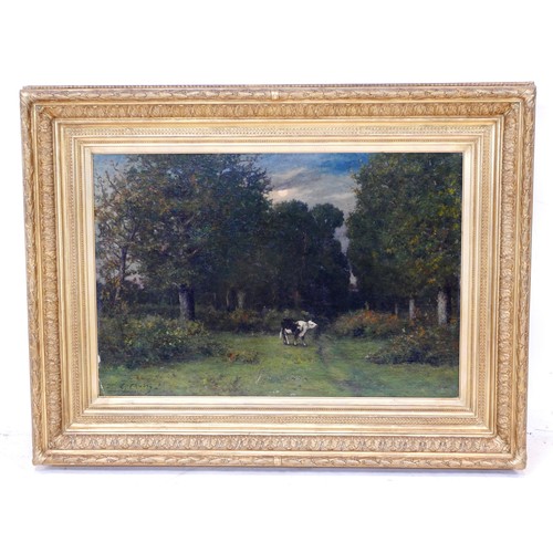 179 - Leonce Chabry (French, 1832-1883): Impressionistic country scene with single Fresian cow, oil on can... 