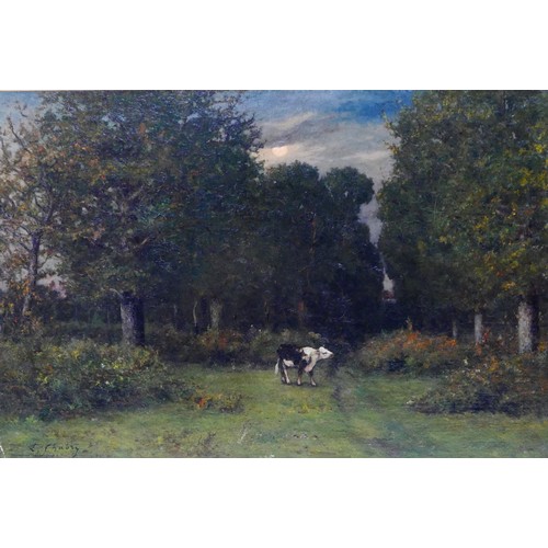 179 - Leonce Chabry (French, 1832-1883): Impressionistic country scene with single Fresian cow, oil on can... 