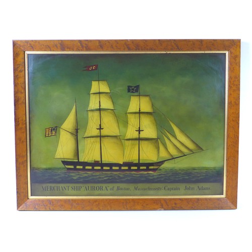 153 - A vintage print on glass, after a 19th century original, depicting 'Merchant Ship 'Aurora' of Boston... 