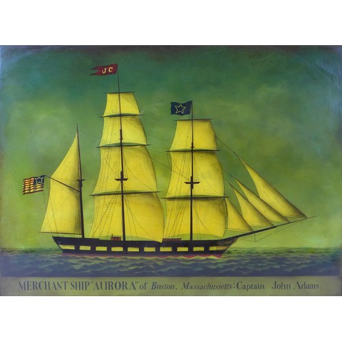 153 - A vintage print on glass, after a 19th century original, depicting 'Merchant Ship 'Aurora' of Boston... 