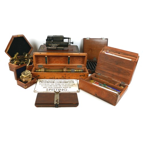 69 - A collection of scientific instruments and equipment, including a WWII brass telescope, inscribed 'W... 