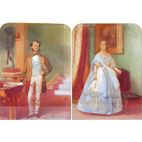 172 - A pair of painted portraits, depicting a Victorian couple in an interior, pastel / watercolour, moun... 