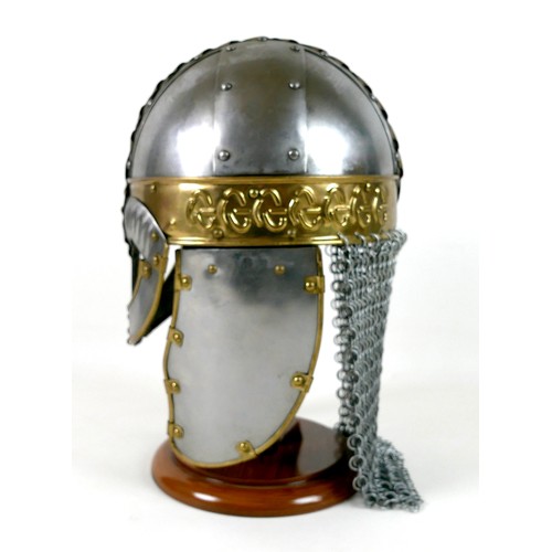 66 - A replica metal steel and brass helmet, with cheek plates, hinged ear flaps, and chain mail neck gua... 