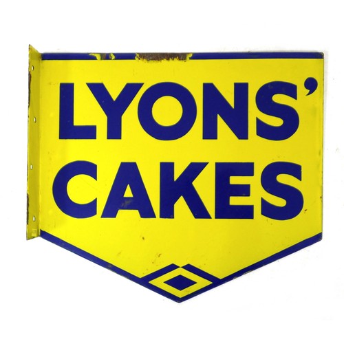 186 - An early 20th century Lyons Cakes enamel advertising sign, double sided with hanging bracket, rectan... 