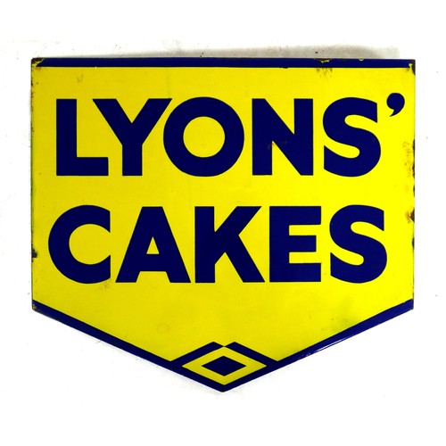 186 - An early 20th century Lyons Cakes enamel advertising sign, double sided with hanging bracket, rectan... 