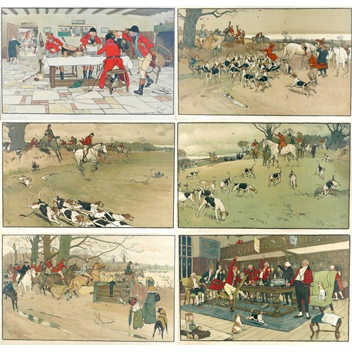 After Cecil Charles Windsor Aldin RBA (British, 1870-1935): 'The Fallowfield Hunt', a set of six chromolithographs, each pencil signed to lower margin, including The Hunt Breakfast at the Three Pigeons, Breaking Cover, Full Cry, A Check, The Death, The Hunt Supper, pub. Lawrence & Bullen Ltd, London 1900, five labelled to backs 'Redin & Company, Fine Art Dealers, Cambridge', each 38 by 61, 41 by 63 with edge mount, glazed and in oak frames with wide oak slip, 57 by 80cm overall. (6)