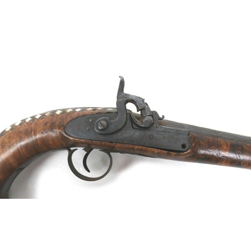 67 - Two antique pistols, one a flintlock, the other a percussion cap, both with inlaid decoration, 46 an... 