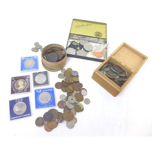 79 - A mixed collection of stamps and coins, including a Penny Black and Penny Red. (2 bags)