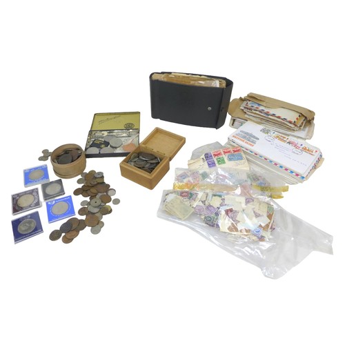 79 - A mixed collection of stamps and coins, including a Penny Black and Penny Red. (2 bags)