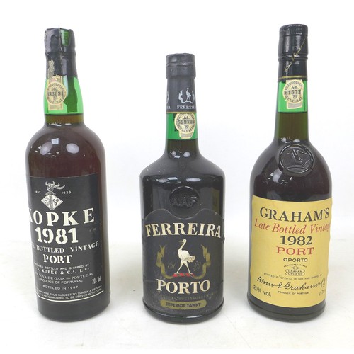 123 - Three bottles of vintage port, including a Kopke 1981, Ferreira Porto, and Graham's 1982. (3)