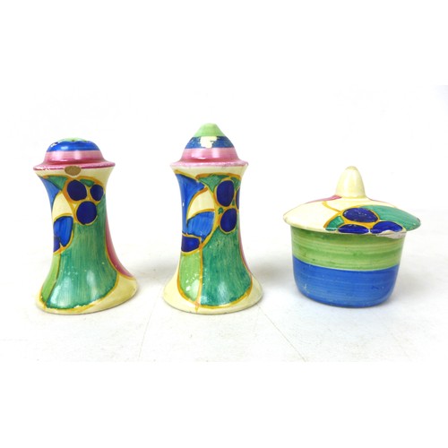 38 - A Clarice Cliff 'Pastel Melon' Muffineer cruet set, each marked to the base, tallest 8cm high. (3)