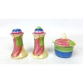 A Clarice Cliff 'Pastel Melon' Muffineer cruet set, each marked to the base, tallest 8cm high. (3)
