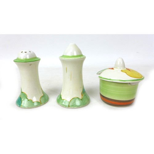 40 - A Clarice Cliff 'Alton' Muffineer cruet set, each marked to the base, tallest 8cm high. (3)