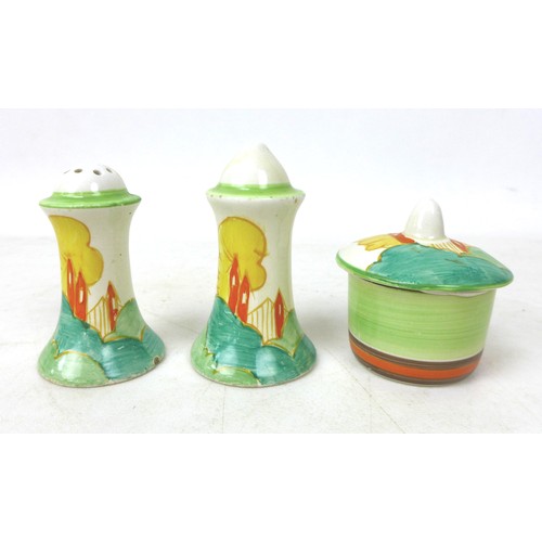 40 - A Clarice Cliff 'Alton' Muffineer cruet set, each marked to the base, tallest 8cm high. (3)