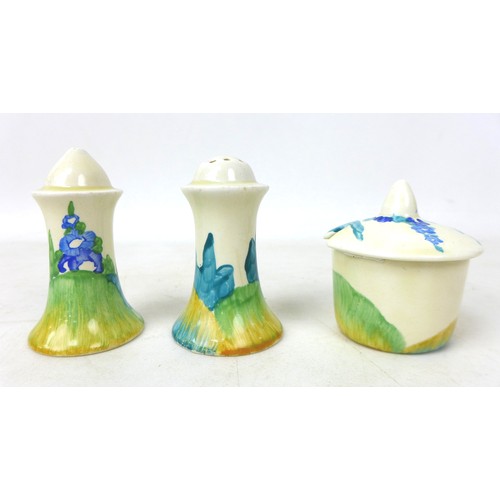 44 - A Clarice Cliff 'Sandon' Muffineer cruet set, hand painted marks to the base of the mustard pot, tal... 