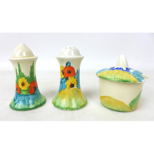 44 - A Clarice Cliff 'Sandon' Muffineer cruet set, hand painted marks to the base of the mustard pot, tal... 