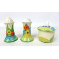 A Clarice Cliff 'Sandon' Muffineer cruet set, hand painted marks to the base of the mustard pot, tal... 