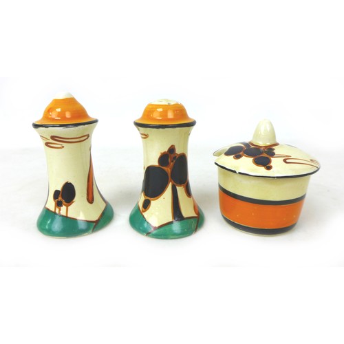 47 - A Clarice Cliff Fantasque 'Orange Trees House' Muffineer cruet set, each marked to the base, tallest... 