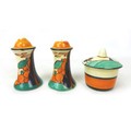 A Clarice Cliff Fantasque 'Orange Trees House' Muffineer cruet set, each marked to the base, tallest... 
