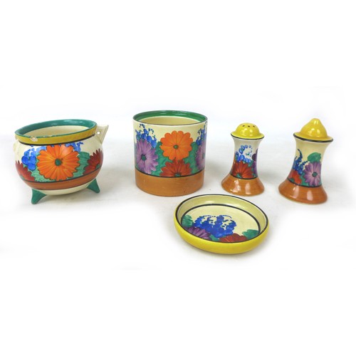 50 - A collection of Clarice Cliff 'Gay Day' pieces, comprising a Cauldron pot, missing handle, 7cm high,... 