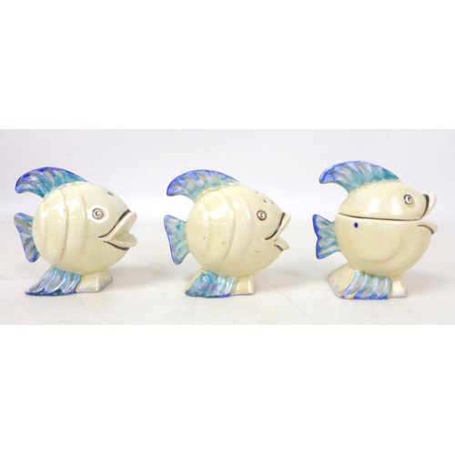 51 - A Clarice Cliff novelty cruet set modelled as fish, only Wilkinson marks on base, 7cm high. (3)