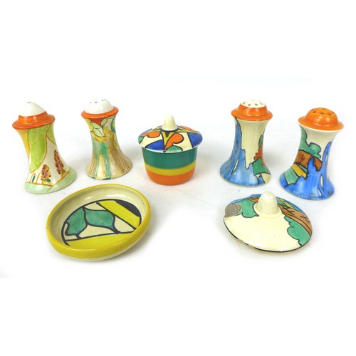 54 - A mixed collection of Clarice Cliff, comprising a 'Double V' cruet pot and pin dish, two 'Orange Roo... 