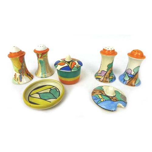 54 - A mixed collection of Clarice Cliff, comprising a 'Double V' cruet pot and pin dish, two 'Orange Roo... 