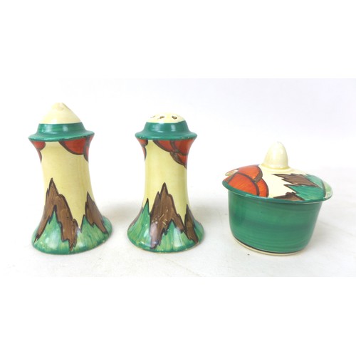 56 - A Clarice Cliff 'Limberlost' Cruet set, Bizarre and Newport Pottery stamps to base, tallest 8cm high... 