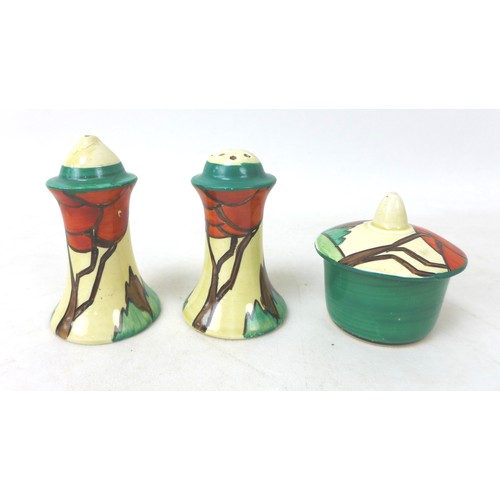 56 - A Clarice Cliff 'Limberlost' Cruet set, Bizarre and Newport Pottery stamps to base, tallest 8cm high... 