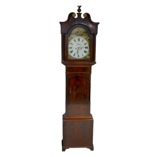 265 - A 19th century oak long case clock, with painted Roman numeral dial, two train movement, plain case ... 