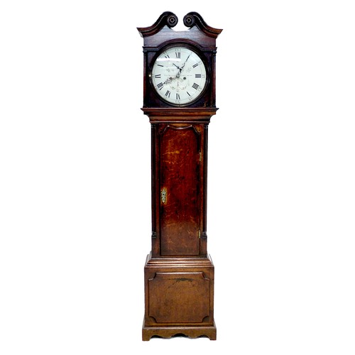 274 - An early 19th century oak long case clock, twin train 8 day movement chiming on a bell, circular dia... 