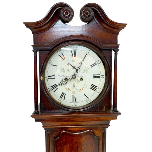 274 - An early 19th century oak long case clock, twin train 8 day movement chiming on a bell, circular dia... 