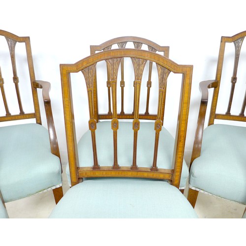 264 - A set of six Edwardian, Hepplewhite style, mahogany dining chairs, with carved and inlaid decoration... 