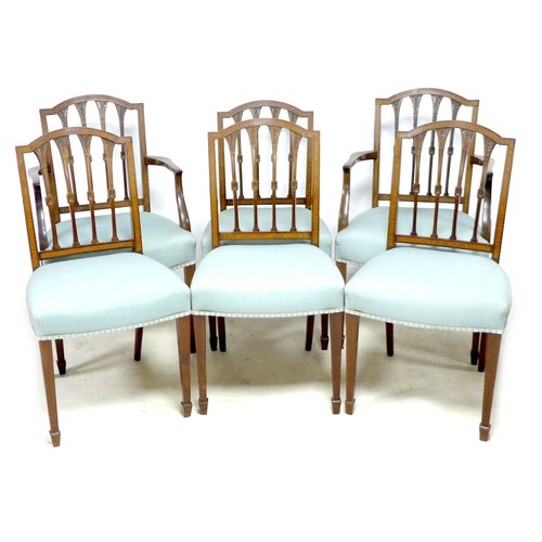 264 - A set of six Edwardian, Hepplewhite style, mahogany dining chairs, with carved and inlaid decoration... 