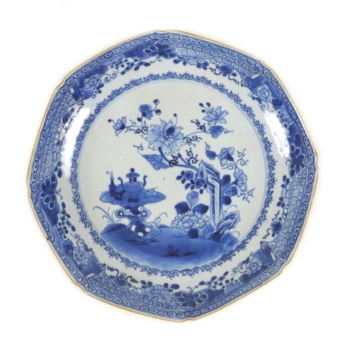 3 - A Chinese Export porcelain dish, 19th century, decorated in underglaze blue, depicting a table with ... 