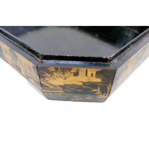 8 - A 19th century Chinoiserie octagonal form lacquer trinket box, decorated with oriental island scenes... 