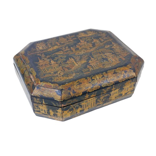 8 - A 19th century Chinoiserie octagonal form lacquer trinket box, decorated with oriental island scenes... 