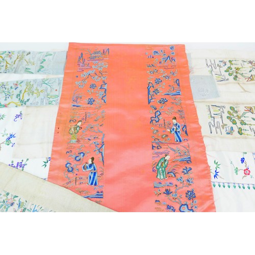 9 - Eleven early 20th century and later Chinese embroidered textiles, largest 38 by 104cm. (1 bag)