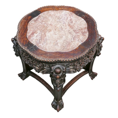 262 - A 19th century Chinese circular hardwood jardiniere stand, carved with prunus blossom, the marble in... 