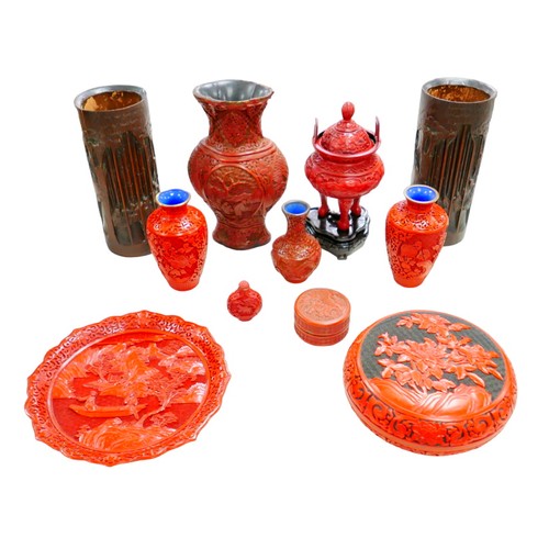 6A - A pair of bamboo brush pots, 25cm high, and a group of cinnabar lacquer style wares, including a lid... 