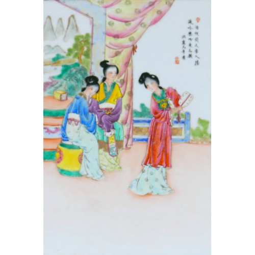 7A - Two 20th century Chinese style famille vert porcelain plaques, 36 by 25.5cm, framed, 51 by 40.5cm. (... 