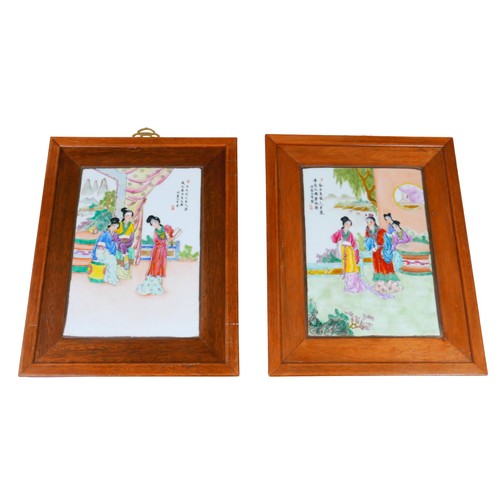 7A - Two 20th century Chinese style famille vert porcelain plaques, 36 by 25.5cm, framed, 51 by 40.5cm. (... 