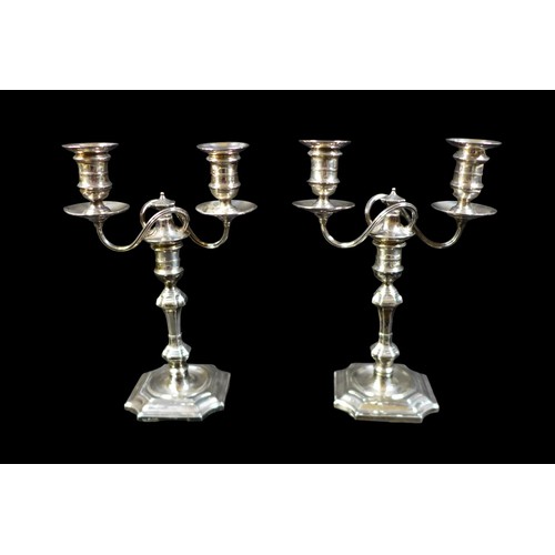99 - A pair of Victorian silver twin branched candelabra, with knopped stems, removable scrolled branches... 