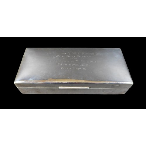 50 - A silver WWII era cigarette box, with inscription dated 11 November 1945, and cigarette case. (2)