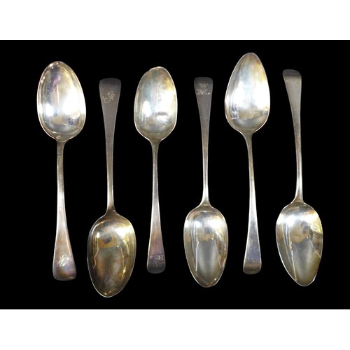 82 - Six George III and later old English pattern table spoons, comprising three pairs, one pair with ini... 