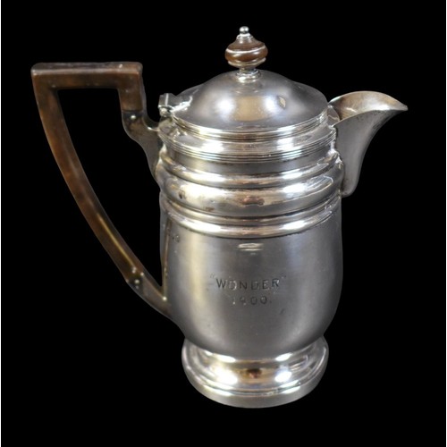 80 - A late Victorian silver hot water pot, with presentation engraving to the side 'Wonder 1900', the hi... 
