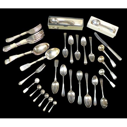 97 - A collection of assorted silver flatware, Georgian and later, mostly spoons and forks, including six... 