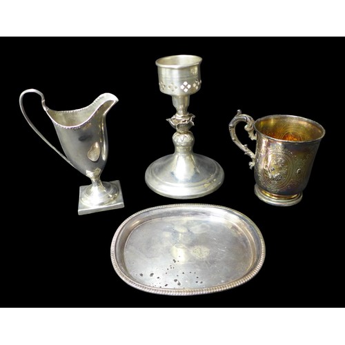 84 - A collection of George III and later silver, comprising a George III milk jug, rubbed maker's mark, ... 