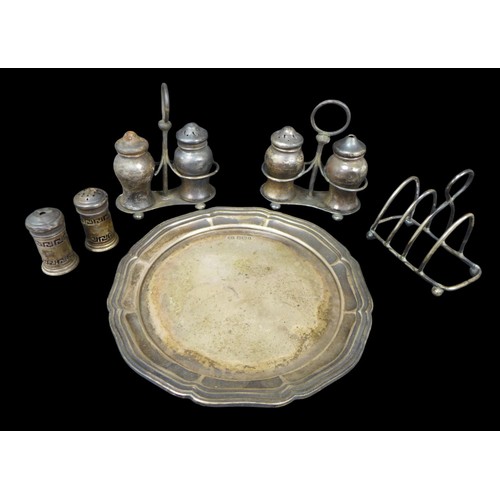 61 - A collection of Edwardian and later silver, including an Edwardian small tray with pie-crust rim, At... 