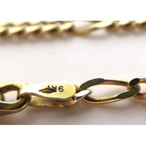 308 - A 9ct gold figaro link chain, 45cm, with lobster clasp, 6.2g, and a 9ct gold brooch of curving textu... 